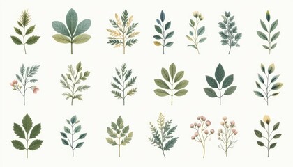 A set of minimalist foliage illustrations on a white background 