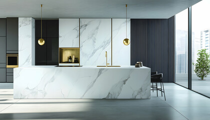High-end kitchen with white marble counters, gold faucet, and a spacious island AI Generated