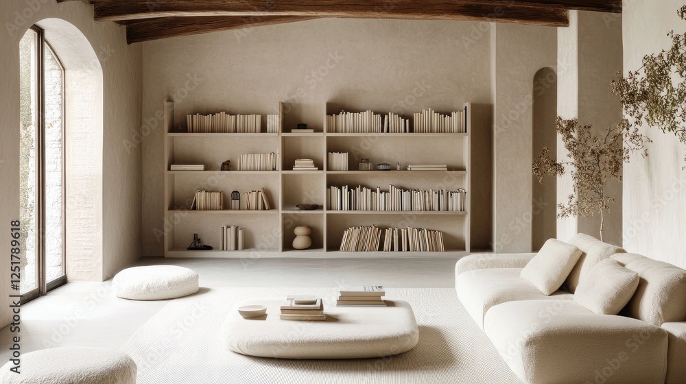 Poster minimalist living room showcasing a simple bookshelf filled with curated decor, bright and clean spa