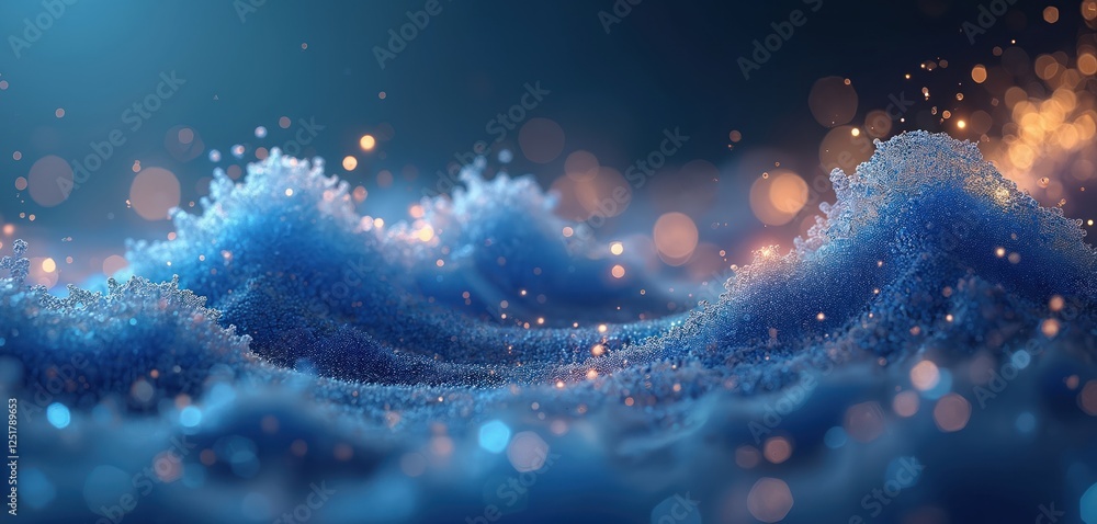 Poster illustration shows dynamic intertwining liquid wave in blue tones. digital molecules dance, forming 