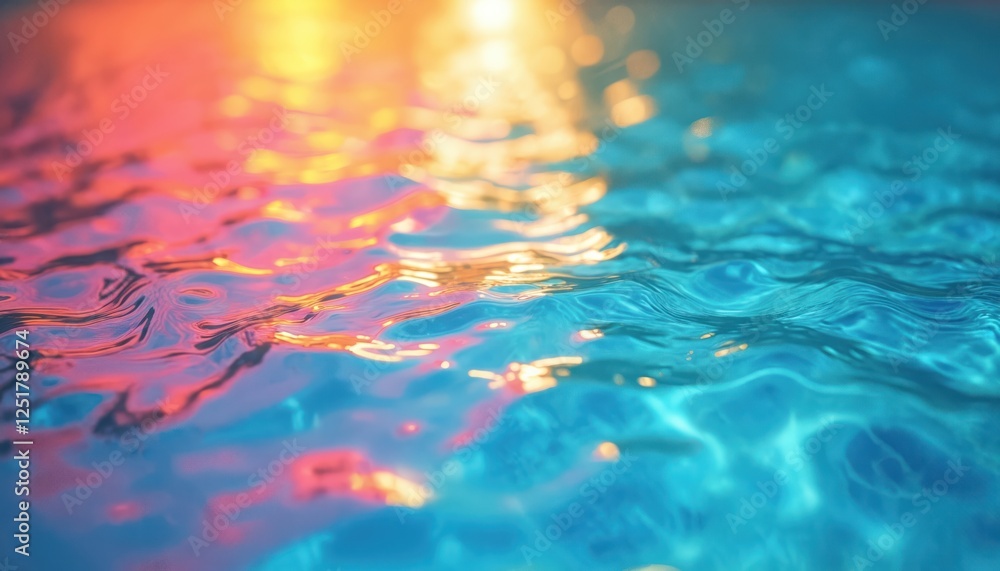 Poster refraction of light in pool water creates vibrant rainbow colour texture. ripples on water surface o