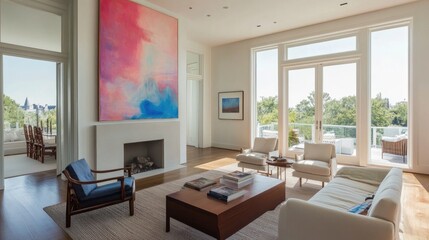 Fototapeta premium Minimalist living room with a large abstract painting on the wall, simple furniture arrangement, and plenty of open space, serene and uncluttered