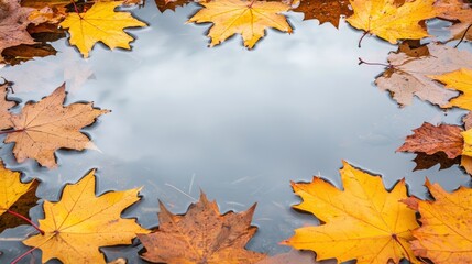 Fototapeta premium Autumn leaves floating on calm water nature photography serene environment tranquil viewpoint seasonal concept