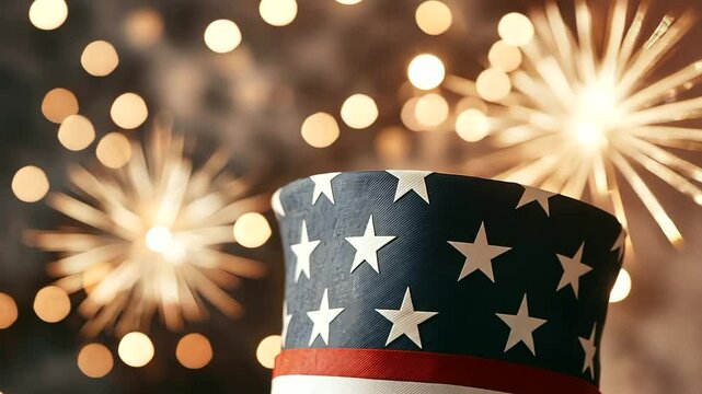 Classic Uncle Sam Hat with Fireworks Background for Independence Day