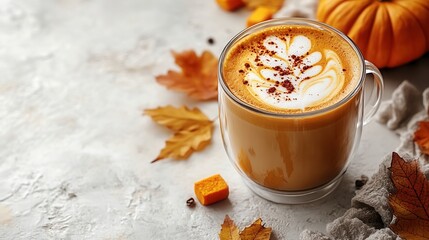Artistic latte in a transparent cup, next to autumn leaves and pumpkin pieces, Warm pumpkin spice latte on a cozy autumn table with leaves and pumpkin decor