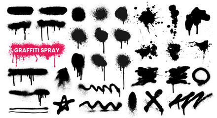 Dirty graffiti spray, line, circle, splash, grunge splatter, dripping paint, stencil mark, brush stroke texture, vector banner frame, doodle style sketch, ink stain and urban street art collection.