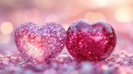 Obraz premium Two glass hearts, bokeh background, romance, Valentine's