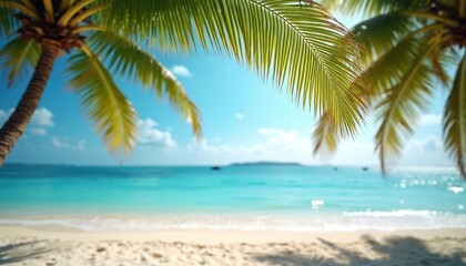 Blurred shot displays tropical paradise vibes. Palm trees sway along sandy shore with turquoise ocean under bright clear sky. Perfect for summer vacation eco travel, tourism themes tropical