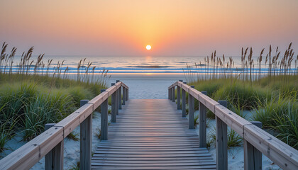 Obraz premium Beach Sunset Scenic Ocean View with Wooden Boardwalk