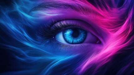 Vibrant Close-Up of Blue Eye Surrounded by Colorful Abstract Swirls of Pink and Purple Light