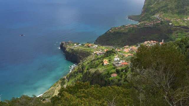 Scenic panoramic view from Miradouro do Curtado on a summer morning, Faial, Madeira island, Portugal.