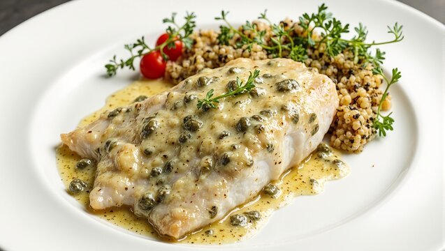 Exquisite pan seared branzino with zesty lemon caper sauce accompanied by a side of nutritious quinoa A gourmet delight
