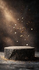  Luxury Stone Podium with Dark Granite, Floating Golden Particles, and Matte Gold Accents. Copy space. Generative AI