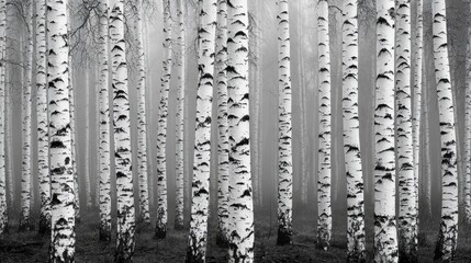 Misty forest scene featuring white birch trees nature landscape black and white photography tranquil environment close-up view serenity concept for nature lovers