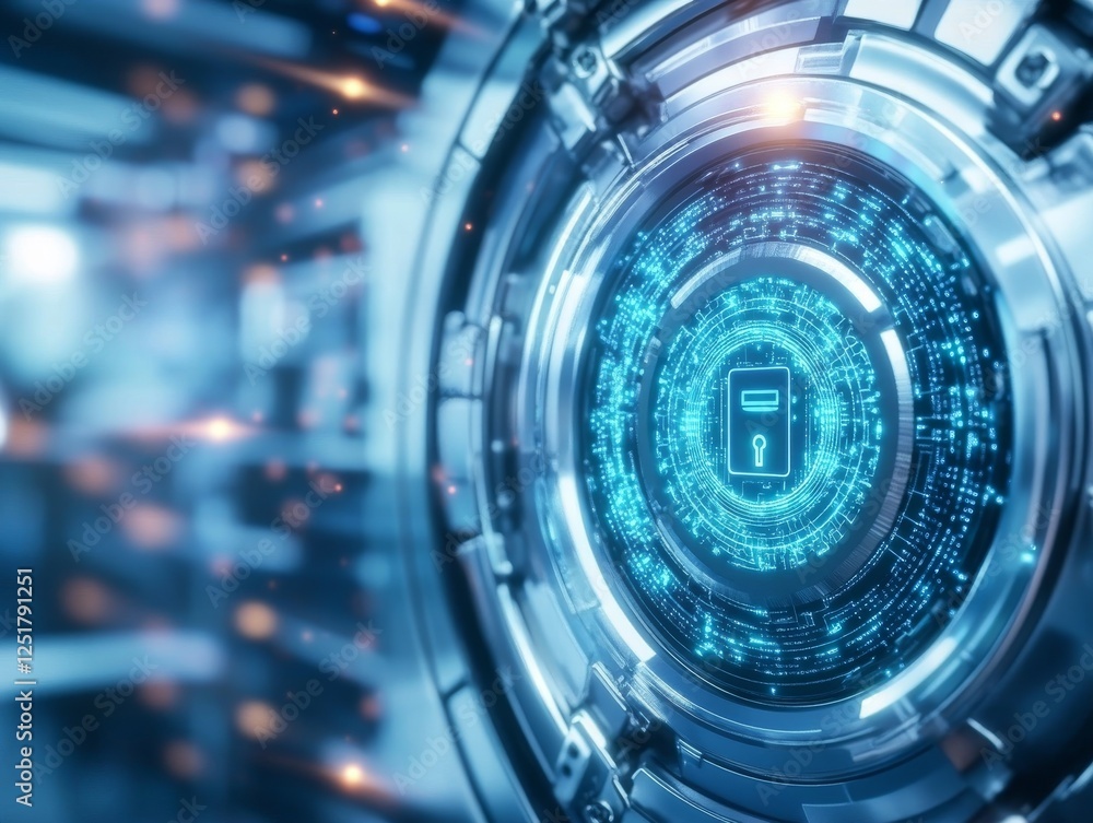 Poster futuristic ai security system featuring digital lock and glowing circuits