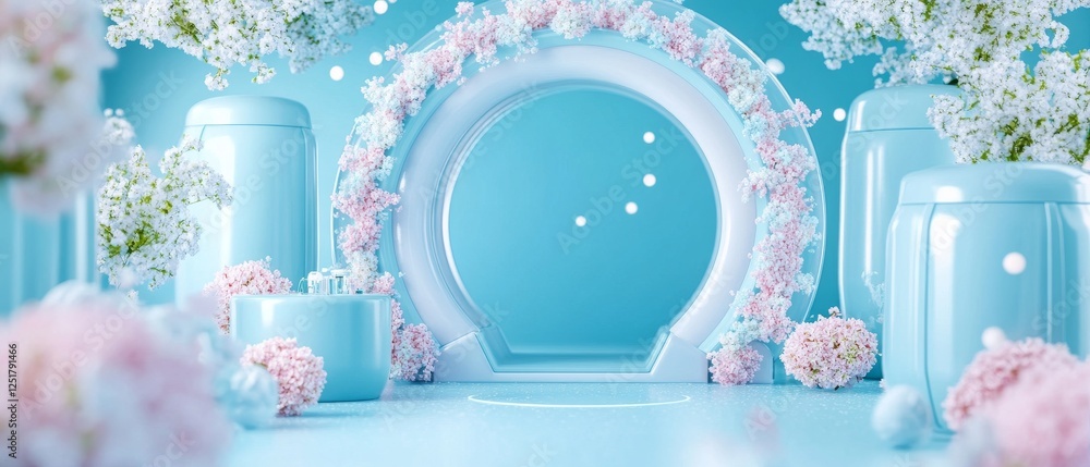 Poster serene blue backdrop features circular arch adorned with delicate flowers, creating tranquil atmosph