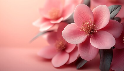 Obraz premium Delicate Pink Flowers with Green Leaves on a Soft Pink Background
