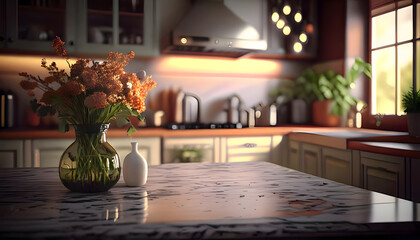 Cozy Kitchen with Flowers generative AI 