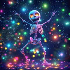 Naklejka premium Joyful Skeleton Dancing Under Colorful Bokeh Lights at Night