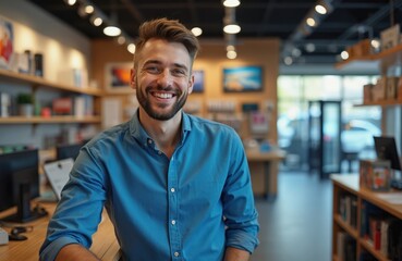 Fototapeta premium Portrait smiling salesman in tech shop. Positive vibes from confident young male working, offering friendly customer service in retail electronics store. Modern sales associate with good mood indoors.