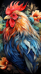 Colorful rooster surrounded by floral motifs in a vibrant design. Generative AI