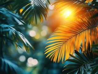 Lush tropical foliage illuminated by warm sunlight and soft bokeh effects.