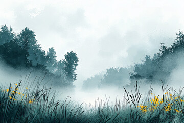 Misty forest landscape with tall grass and scattered yellow flowers in the foreground.