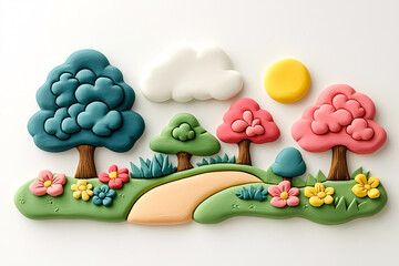 Claymation-style landscape featuring colorful trees, a winding path, flowers, and cheerful sunny sky against a white backdrop.