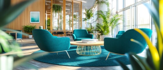 Modern corporate office space with green plants and stylish furniture