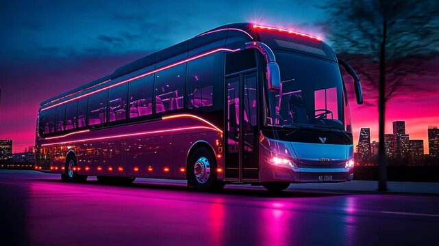 Sleek modern bus illuminated by vibrant neon lights at dusk