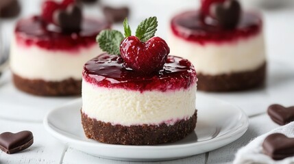 No-Bake Cheesecake Mini cheesecakes flavored with vanilla, topped with red berry sauce and chocolate hearts, Delicious mini cheesecakes topped with raspberry sauce and mint leaves served on a white pl