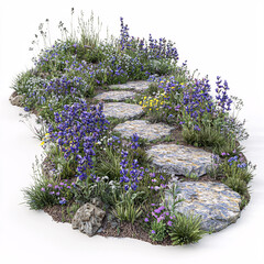 A winding stone path, surrounded by a vibrant array of wildflowers and grasses.
