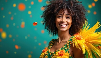 Brazilian girl with curly hairs in festive dress decorated with yellow flowers for Rio carnival. Smiling model at samba parade on holiday party. Carnival concept. Beauty, fashion, lifestyle, Brazil
