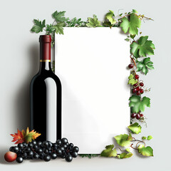 Elegant wine display with grapes and leaves on neutral background. Generative AI
