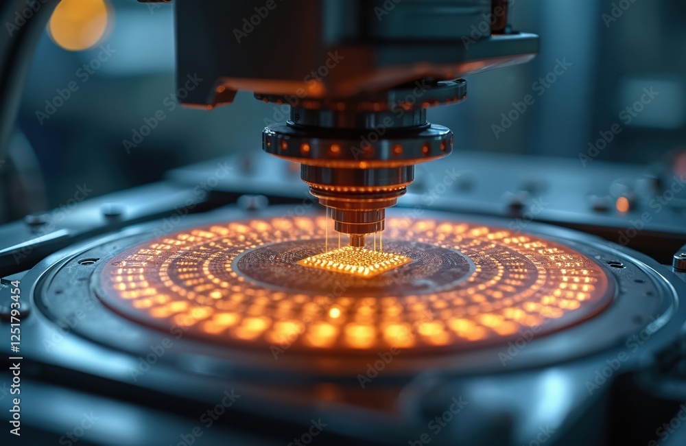 Aufkleber Close-up of glowing silicon chip manufacturing. Semiconductor processing, hi-tech equipment. Precision microchip electronic industry hardware engineering. Circuit die fabrication. Computer assembly,