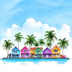 Obraz premium Colorful Tropical Houses by the Ocean with Palm Trees under a Bright Blue Sky