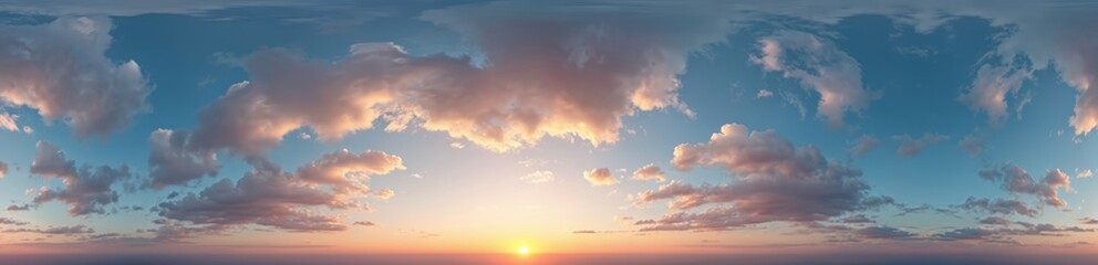 Seamless equirectangular sky panorama stratocumulus clouds during sunset. Ball-shaped aerial full zenith view works for 3D graphics game aerial drone panoramas sky replacement use environment