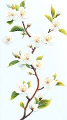 Obraz premium Elegant Cherry Blossom Illustration – Minimalist Botanical Art with White Flowers, Green Leaves, and Soft Pastel Background for Wallpapers, Prints, and Nature-Inspired Decor