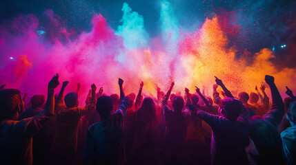 Crowd with Raised Arms Under Multicolored Stage Lights