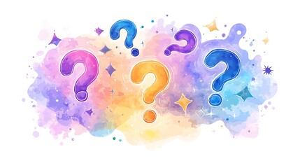 Obraz premium Abstract glowing question marks in soft pastel tones, scattered on a white background