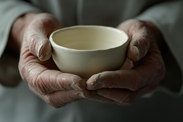 A potter's hands gently cradle a freshly formed, off-white ceramic bowl.