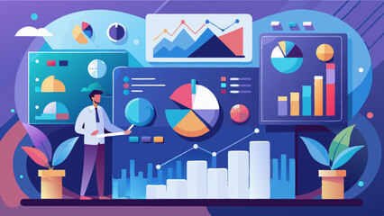Business data analysis, futuristic interface, holographic charts, colorful graphs, office workers, digital technology, financial statistics, interactive dashboard