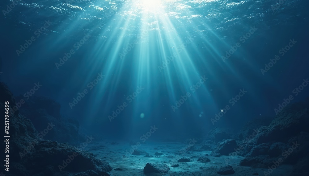Poster dark blue sea view from underwater. sunlight beams through water column with seabed relief. design f