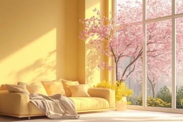 Bright Living Room With Yellow Sofa And Pink Blossoms Visible Through Large Windows
