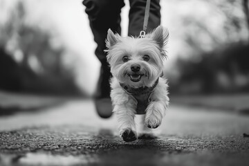 Energetic Dog Pulling Owner on Leash: Playful, Humorous Dog Walk
