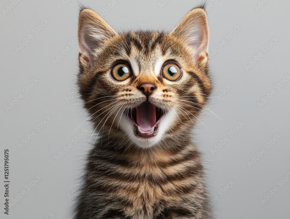 Poster a playful kitten with a joyful expression against a neutral background.