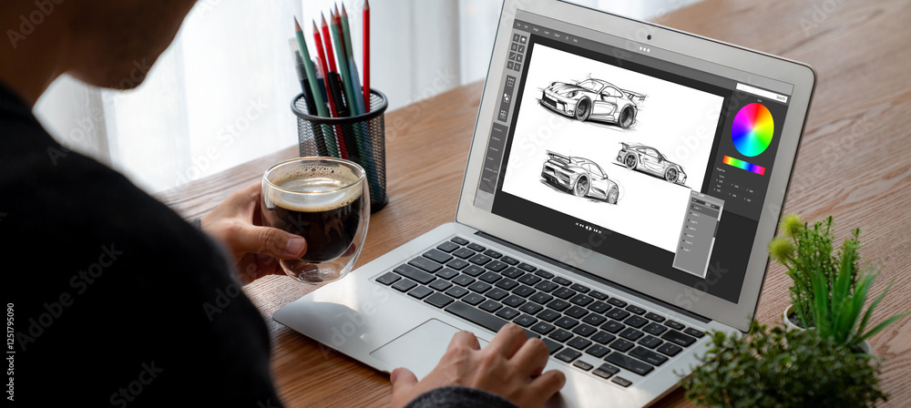 Poster electric car design software on computer screen showing simulation blueprint snugly by digital calcu