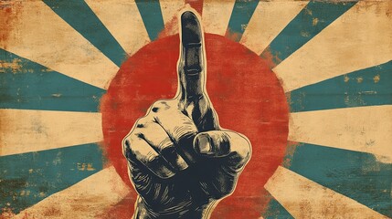 A finger pointing upward in a hand gesture, featured in a grunge rock retro-style poster design
