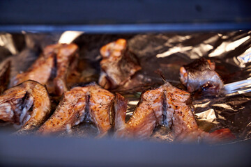 grilled salmon steaks lying on a tray in the oven close-up