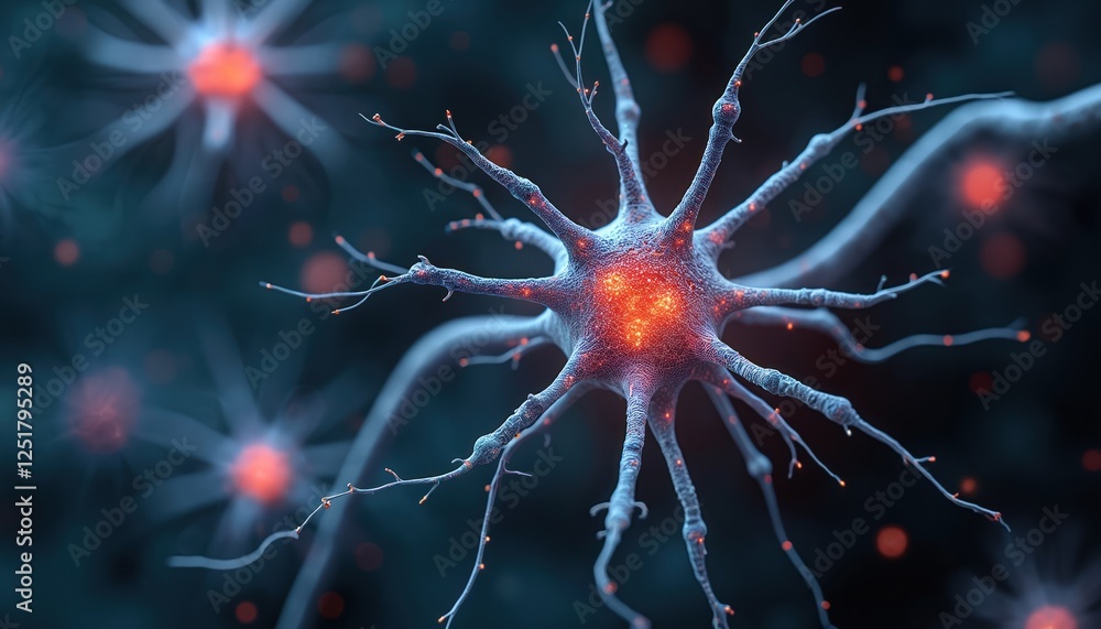 Poster illustration shows nerve cell neuron sending electric signals in brain for neural activity. useful f